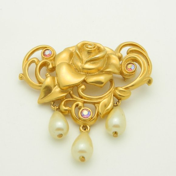 Avon Jewelry - Avon Rose Matte Gold Tone Faux Pearl Dangle Brooch